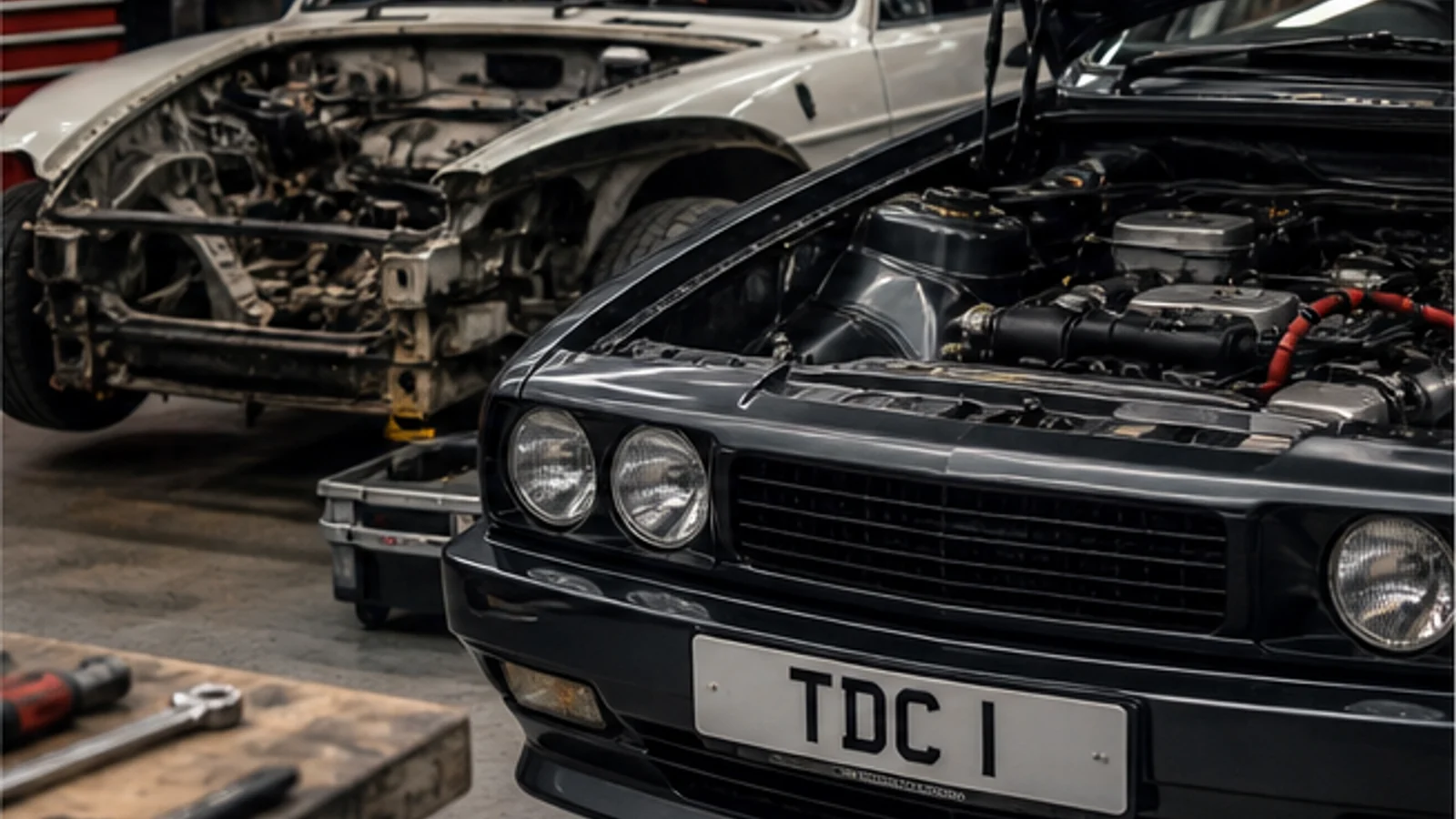 Classic performance car in a workshop with Top Dead Centre-inspired plate