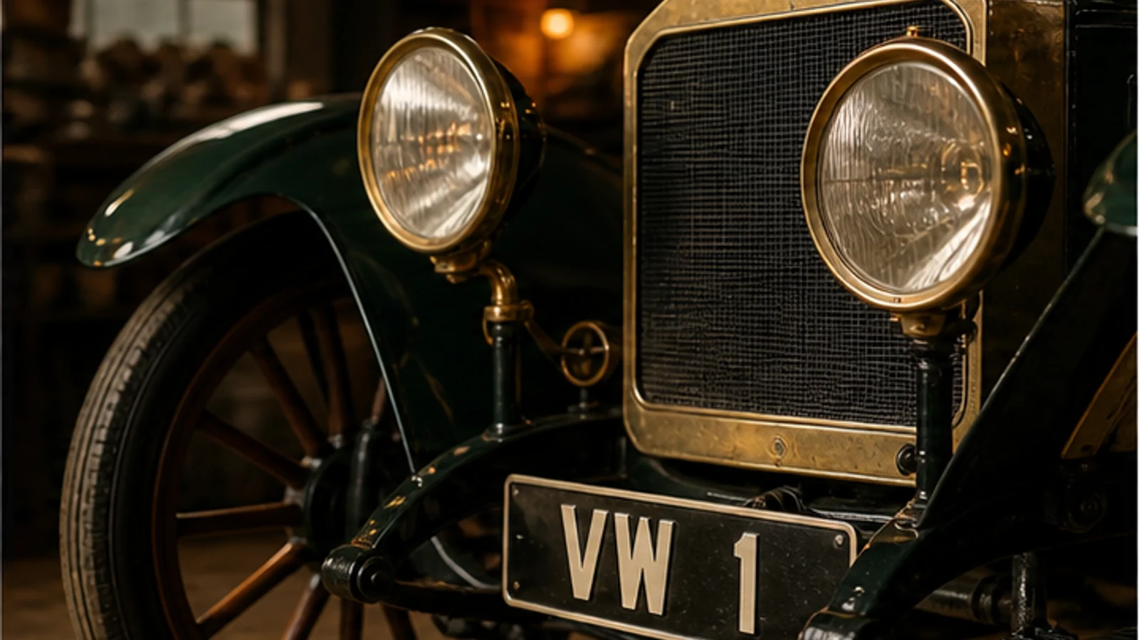 Vintage Volkswagen with VW 1 number plate in a classic garage